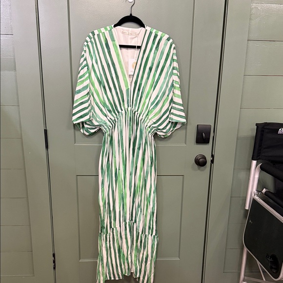 Marie Oliver Dresses & Skirts - Marie Oliver Green & White Striped V-Neck Maxi Dress